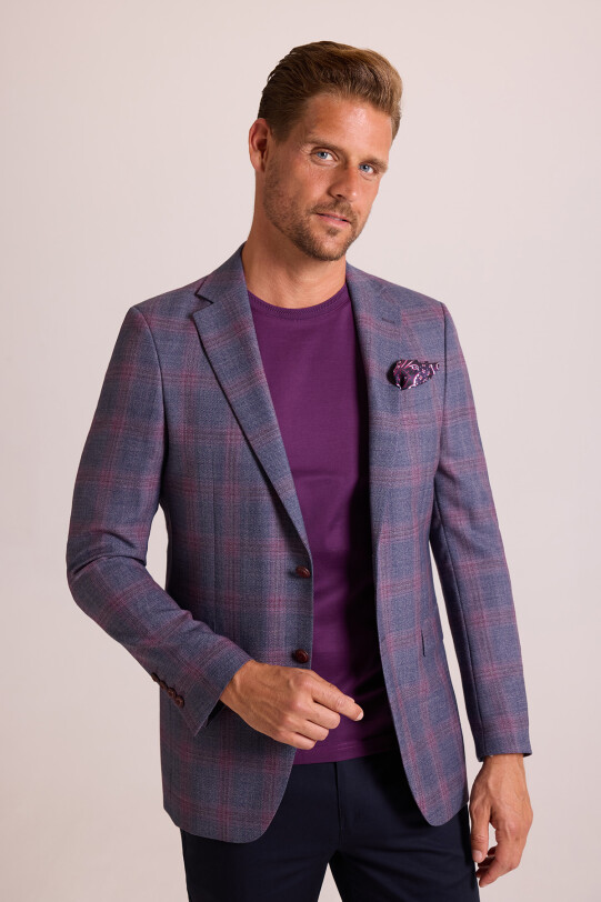 Erkek Mürdüm Ekose Keten Spor Ceket