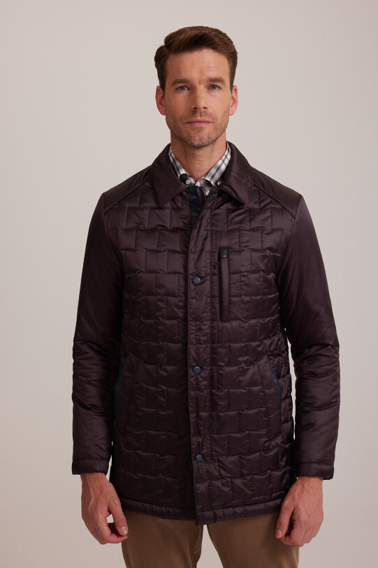 Erkek Mürdüm Regular Fit Kare Desenli Yakalı Kaban