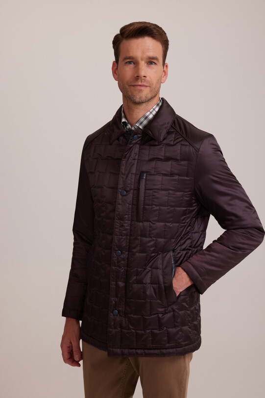 Erkek Mürdüm Regular Fit Kare Desenli Yakalı Kaban