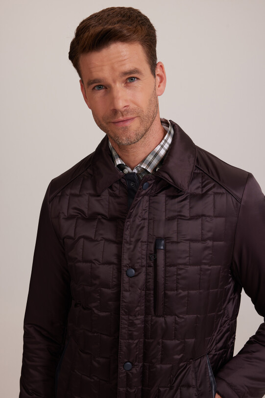 Erkek Mürdüm Regular Fit Kare Desenli Yakalı Kaban