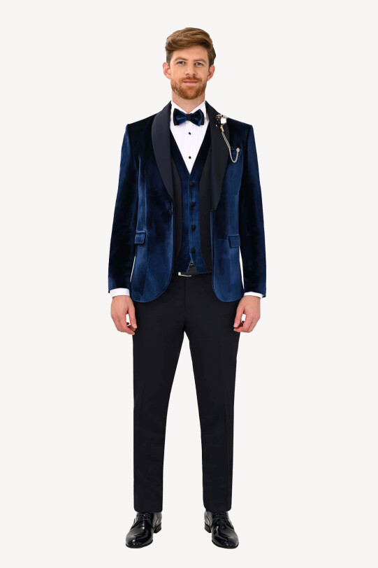 Erkek Parlament Şal Yaka Yelekli Slim Fit Damatlık