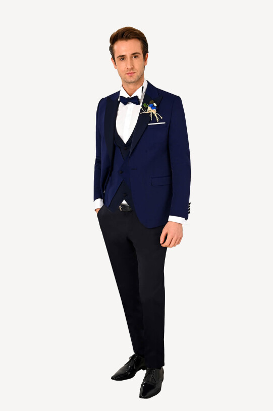 Erkek Parlament Slim Fit Kırlangıç Yaka Yelekli Damatlık