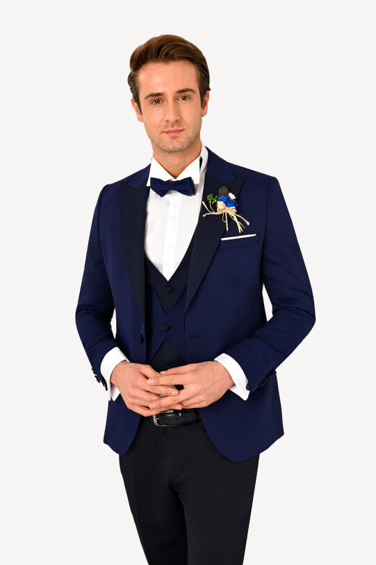 Erkek Parlament Slim Fit Kırlangıç Yaka Yelekli Damatlık