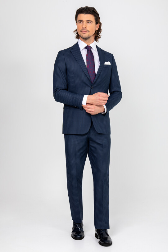 Erkek Petrol Çizgili Regular Fit Takım Elbise