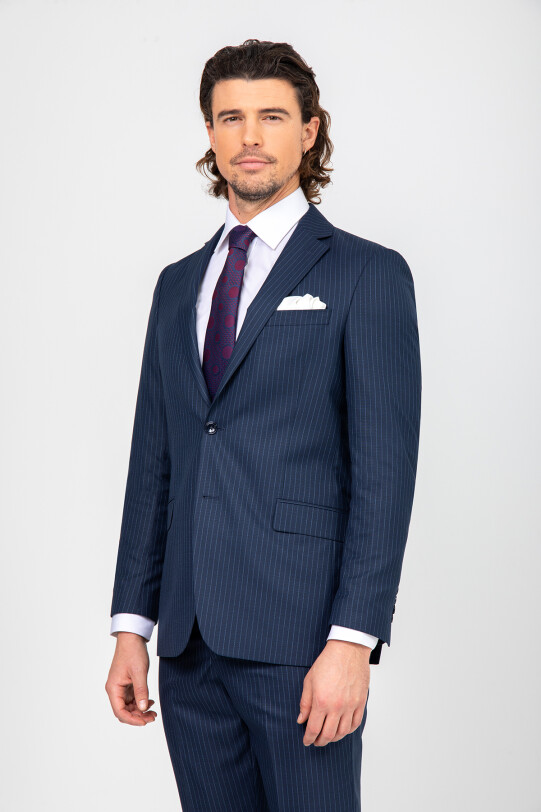 Erkek Petrol Çizgili Regular Fit Takım Elbise