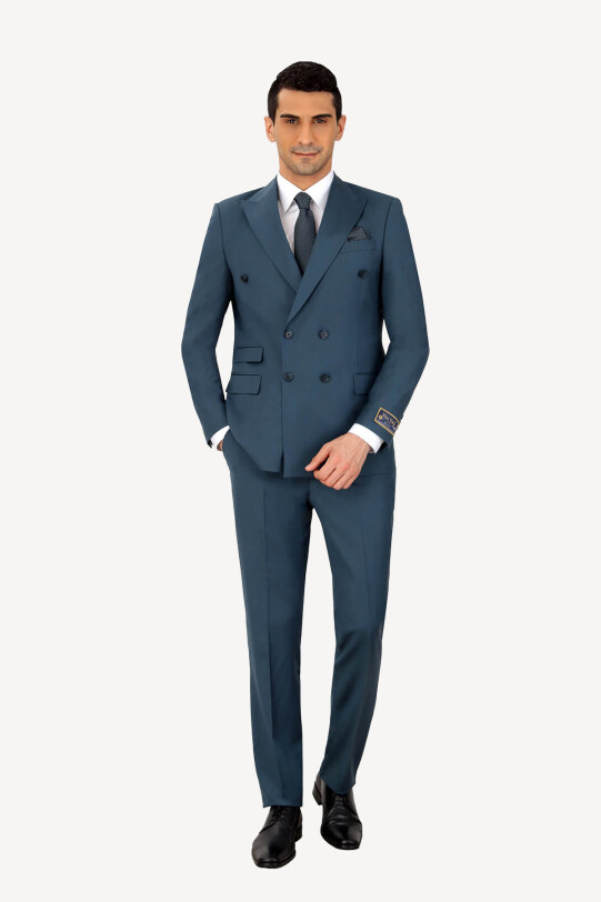 Erkek Petrol Kruvaze Regular Fit Takım Elbise