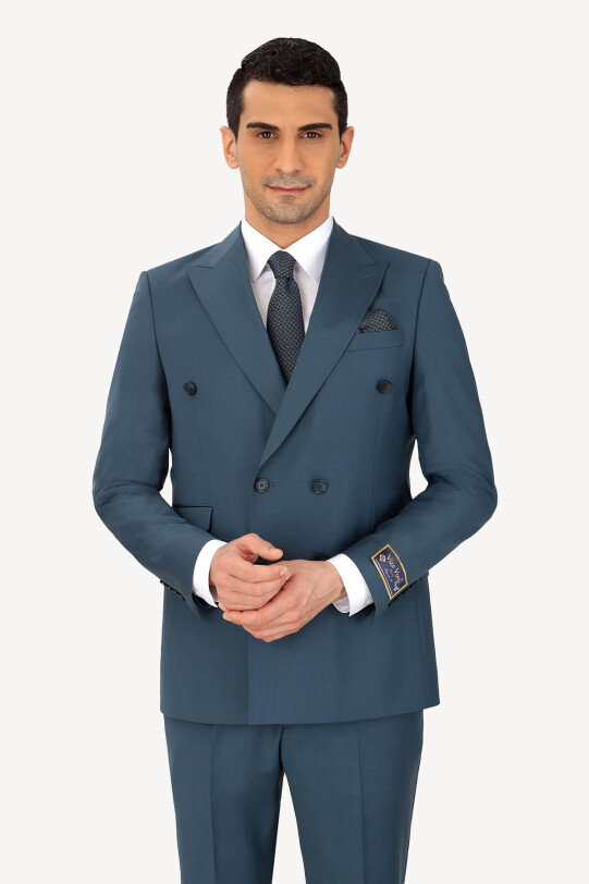 Erkek Petrol Kruvaze Regular Fit Takım Elbise