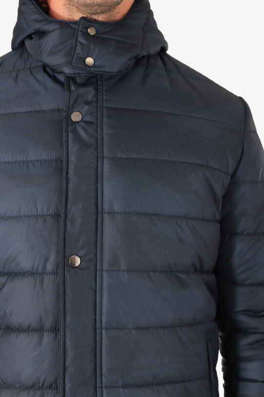 Erkek Petrol Regular Fit Kapüşonlu Desenli Kaban