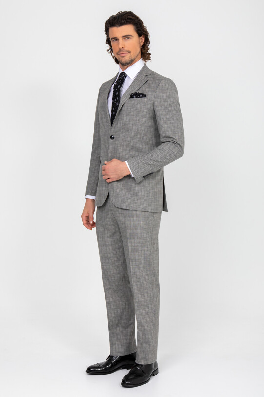 Erkek Gri Regular Fit Desenli Takım Elbise