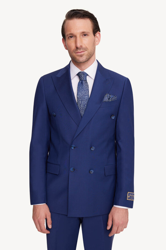 Erkek Saks Mavisi Regular Fit Kruvaze Takım Elbise