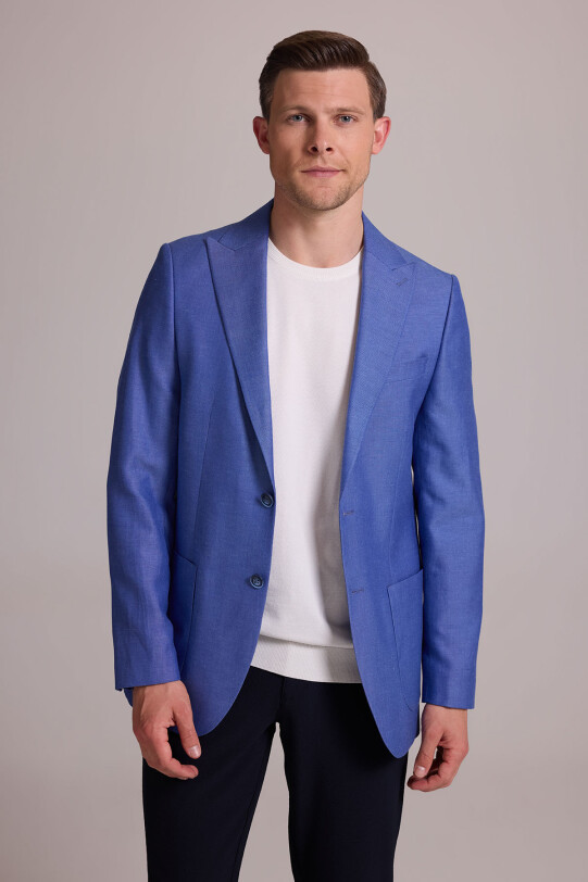 Erkek Saks Mavisi Regular Fit Sivri Yaka Tek Ceket