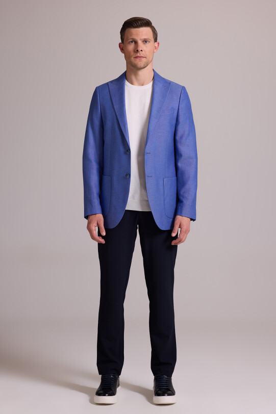 Erkek Saks Mavisi Regular Fit Sivri Yaka Tek Ceket