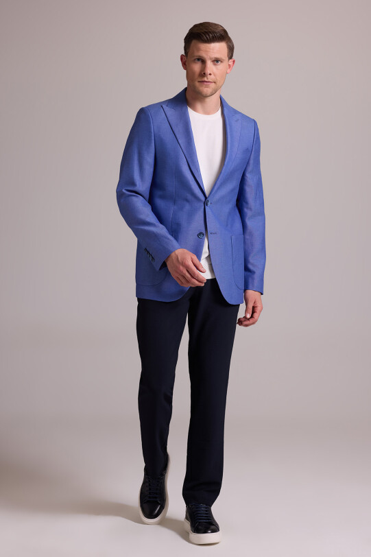 Erkek Saks Mavisi Regular Fit Sivri Yaka Tek Ceket