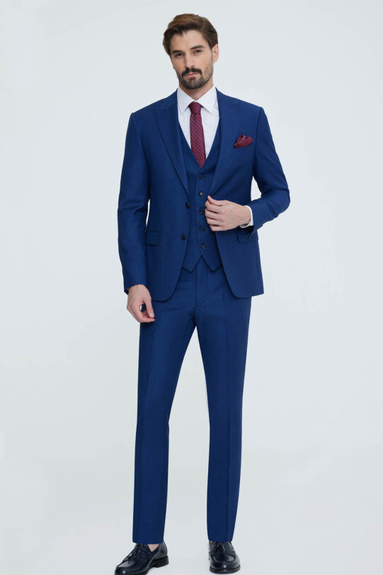 Erkek Saks Mavisi Sivri Yaka Slim Fit Yelekli Takım Elbise