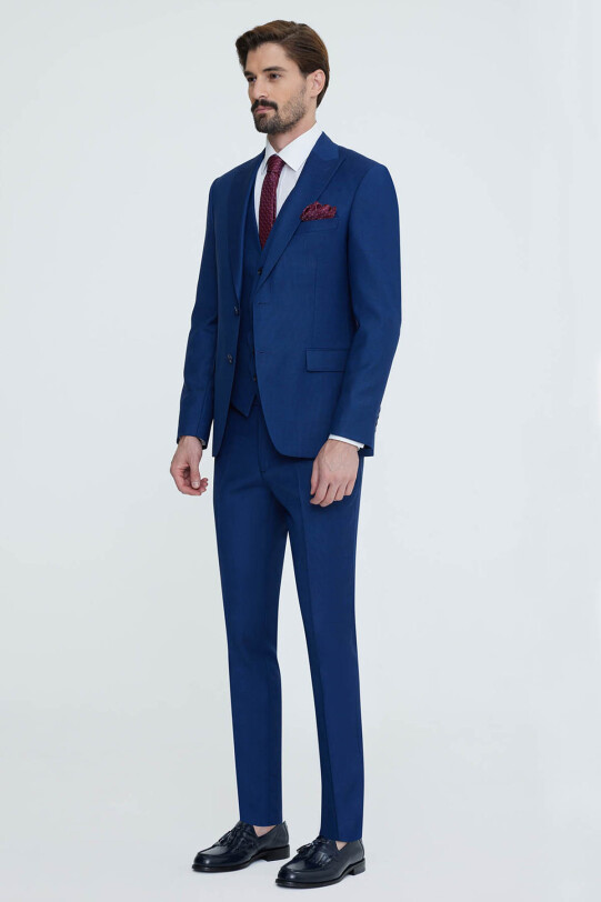 Erkek Saks Mavisi Sivri Yaka Slim Fit Yelekli Takım Elbise