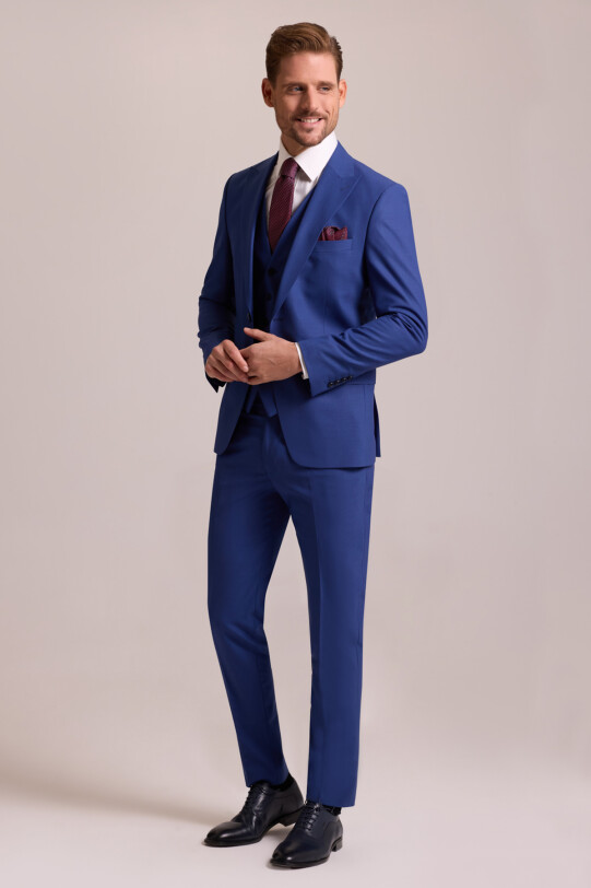 Erkek Saks Mavisi Slim Fit Sivri Yaka Yelekli Yün Takım Elbise