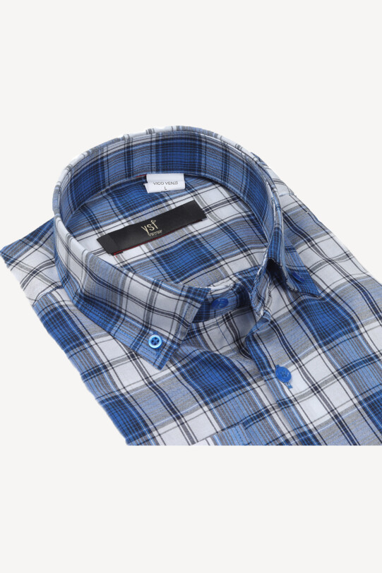 Erkek Saks Mavisi Uzun Kol Klasik Ekose Gömlek