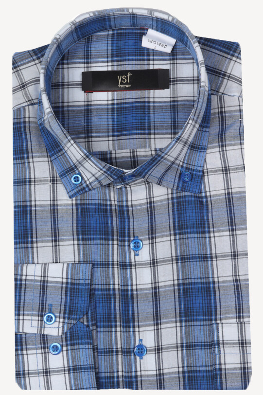 Erkek Saks Mavisi Uzun Kol Klasik Ekose Gömlek