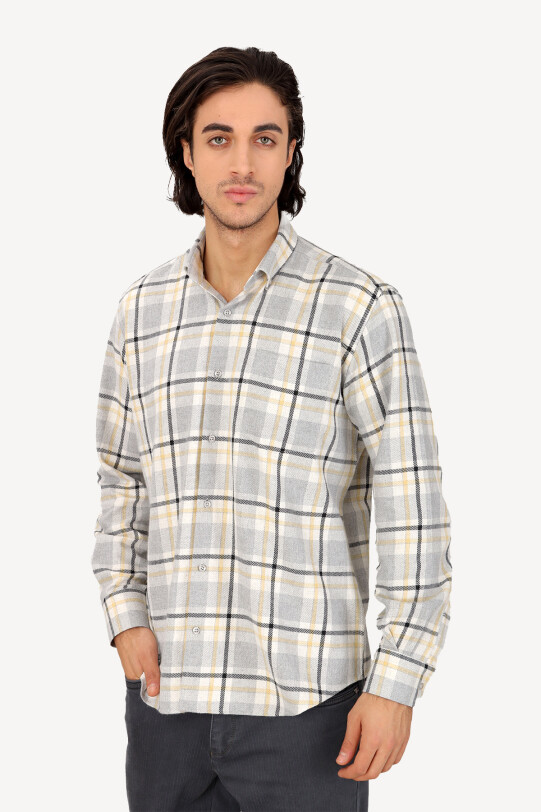 Erkek Sarı Gri Regular Fit Ekose Yaka Düğmeli Gömlek