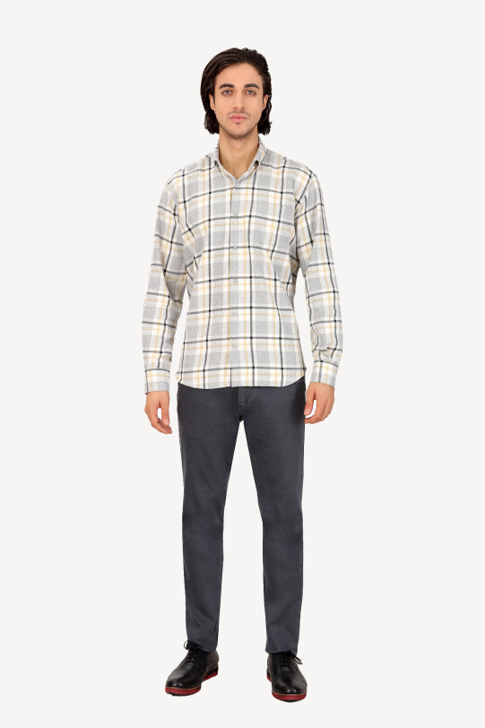 Erkek Sarı Gri Regular Fit Ekose Yaka Düğmeli Gömlek