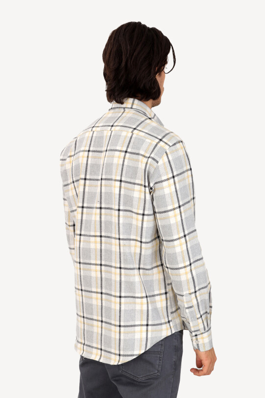 Erkek Sarı Gri Regular Fit Ekose Yaka Düğmeli Gömlek