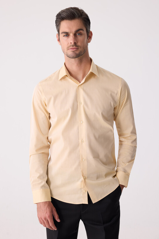 Erkek Sarı Slim Fit Uzun Kollu Gömlek