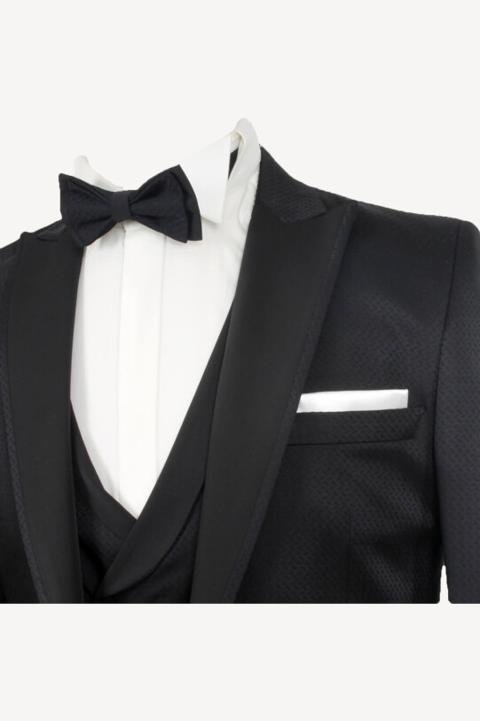 Erkek Siyah Slim Fit Kırlangıç Yaka Yelekli Damatlık
