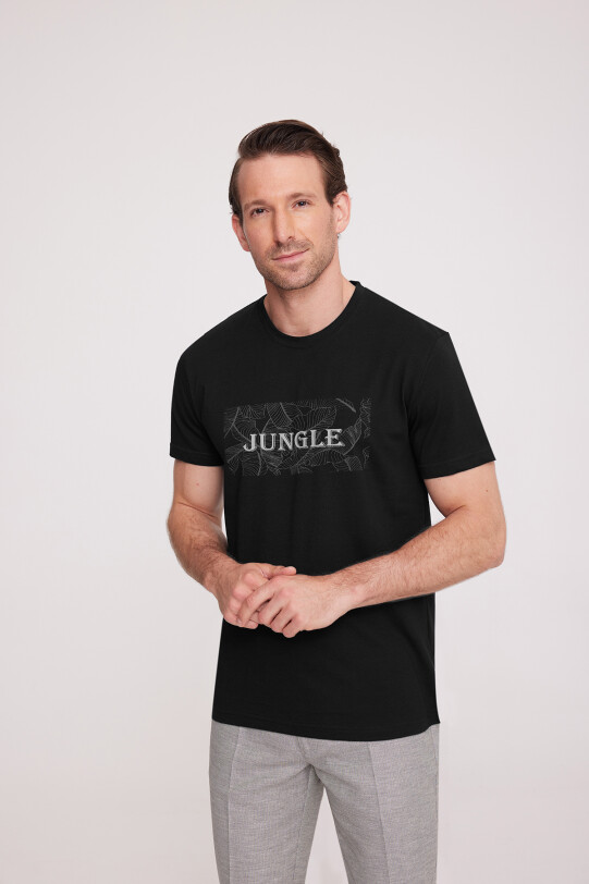 Erkek Siyah Bisiklet Yaka Desenli T-Shirt