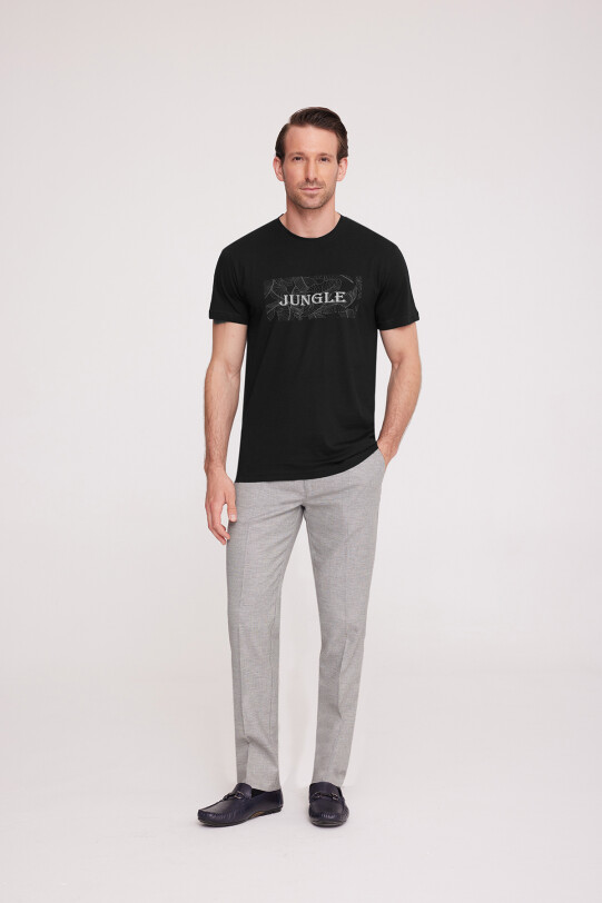 Erkek Siyah Bisiklet Yaka Desenli T-Shirt