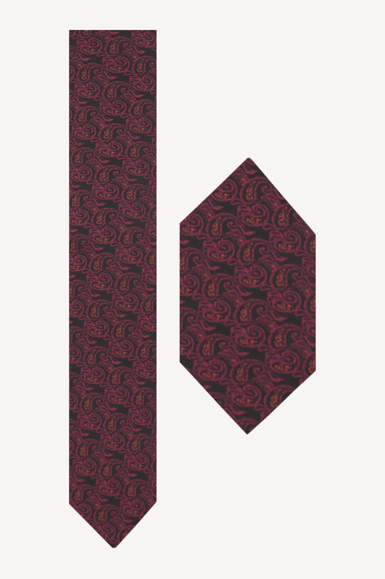 Erkek Siyah Bordo Karışık Desenli Kravat Mendil Set - YSF