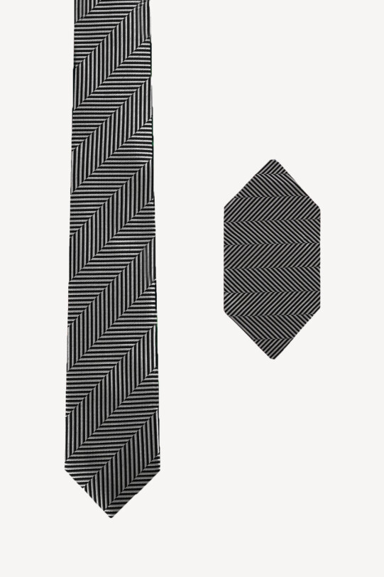 Erkek Siyah Çizgi Desenli Kravar Mendil Set - YSF