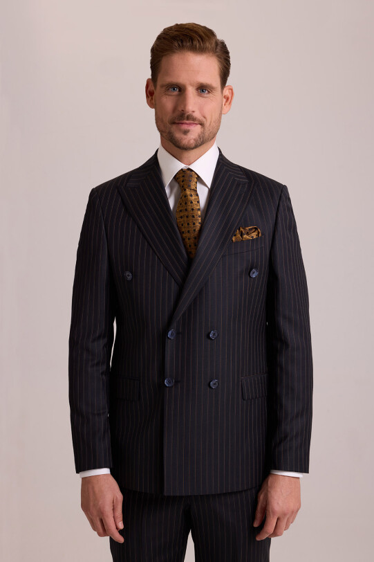 Erkek Siyah Çizgili Regular Fit Kruvaze Takım Elbise