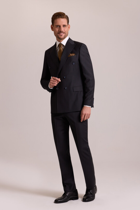 Erkek Siyah Çizgili Regular Fit Kruvaze Takım Elbise