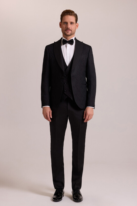 Erkek Siyah Damatlık Slim Fit Kırlangıç Yaka Desenli