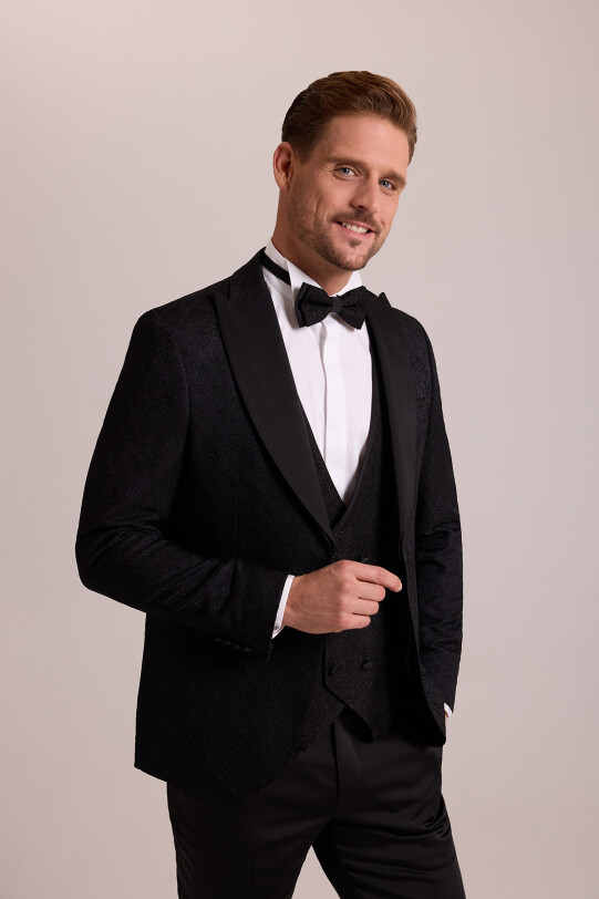 Erkek Siyah Damatlık Slim Fit Kırlangıç Yaka Desenli