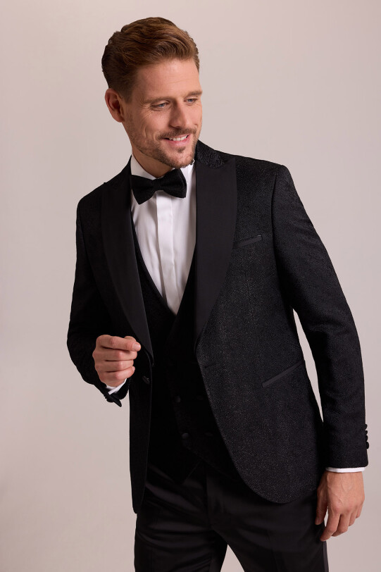 Erkek Siyah Damatlık Slim Fit Kırlangıç Yaka Desenli