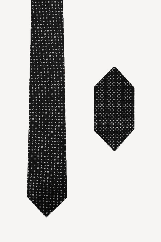 Erkek Siyah Desenli Kravat Mendil Set - YSF