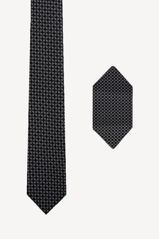 Erkek Siyah Desenli Kravat Mendil Set - YSF