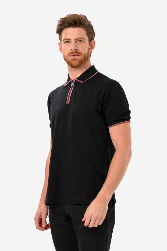 Erkek Siyah Fermuarlı Polo Yaka Regular Fit Tshirt