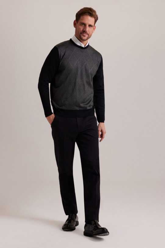 Erkek Siyah Gri Baklava Desenli Regular Fit Bisiklet Yaka Triko