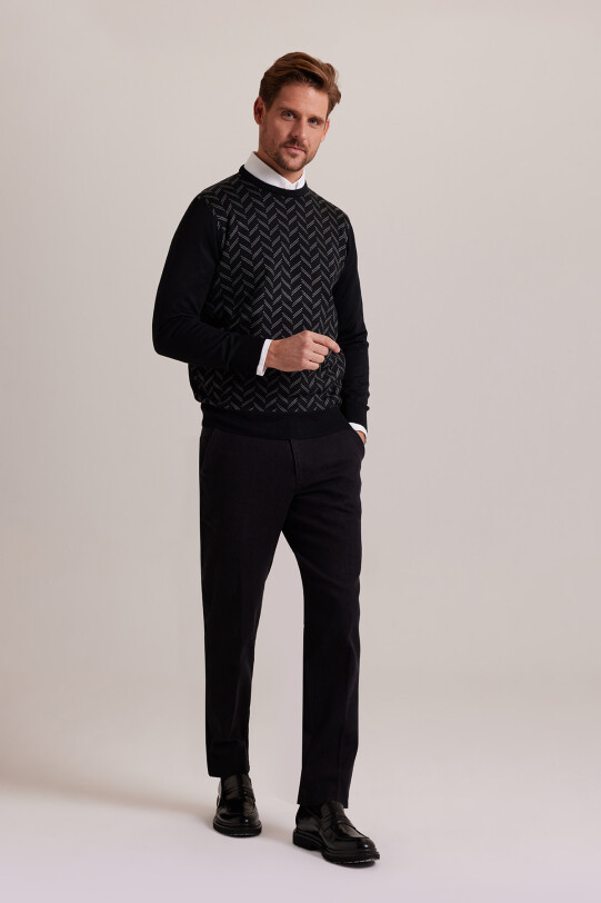 Erkek Siyah Gri Bisiklet Yaka Desenli Triko