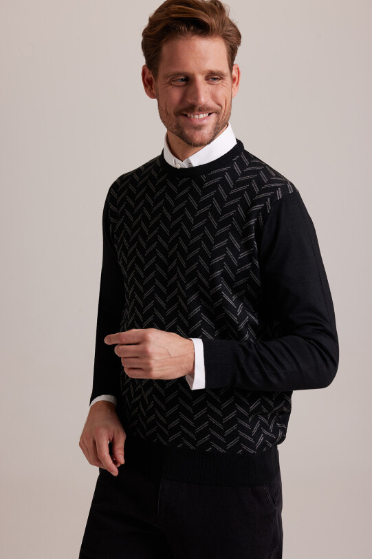 Erkek Siyah Gri Bisiklet Yaka Desenli Triko