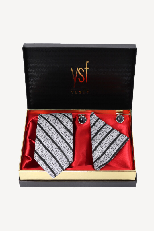 Erkek Siyah Gri Kravat Mendil Kol Düğmesi Set - YSF