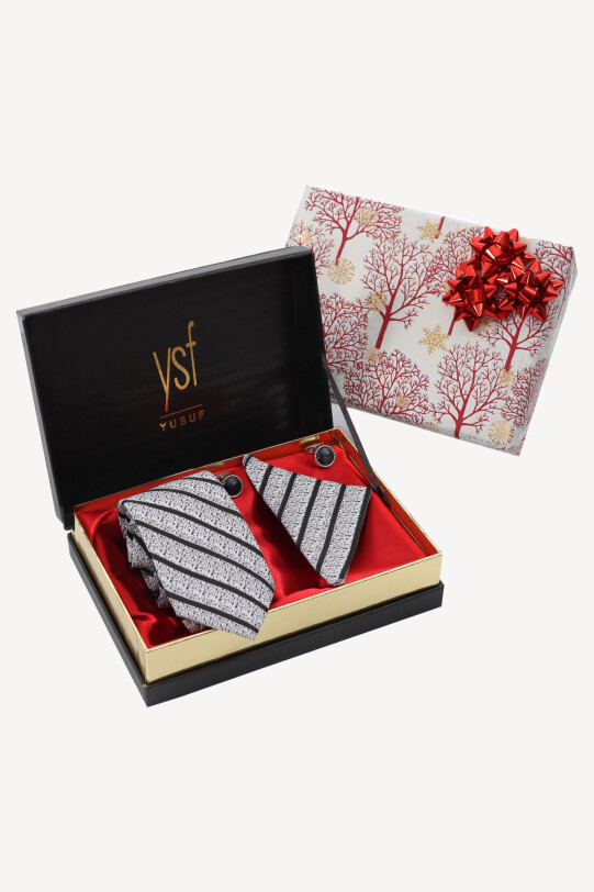 Erkek Siyah Gri Kravat Mendil Kol Düğmesi Set - YSF (1)