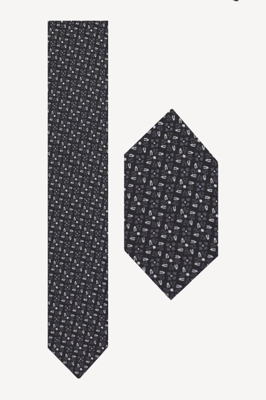 Erkek Siyah Gri Kravat Mendil Set - YSF