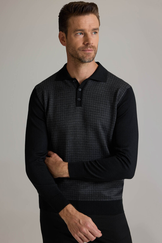 Erkek Siyah Gri Polo Yaka Desenli Triko