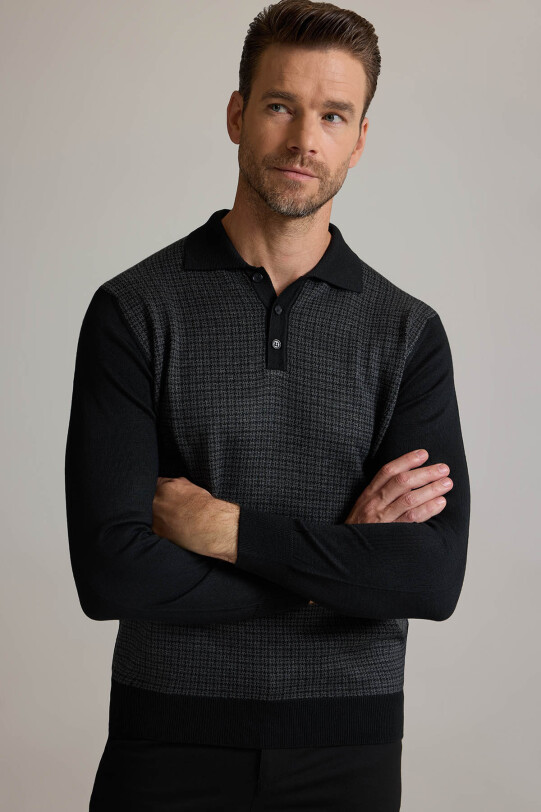 Erkek Siyah Gri Polo Yaka Desenli Triko