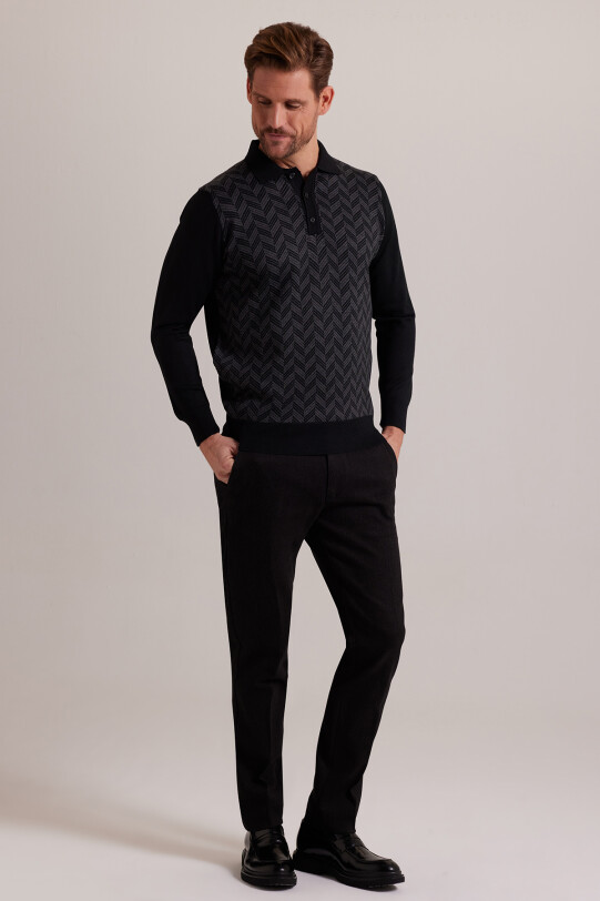 Erkek Siyah Gri Polo Yaka Desenli Triko