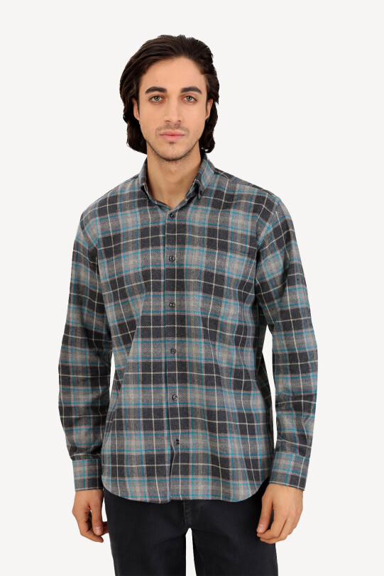 Erkek Siyah Gri Regular Fit Oduncu Yaka Düğmeli Ekose Gömlek