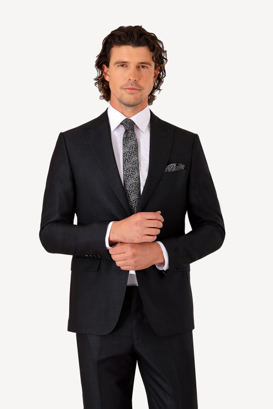 Erkek Siyah Gri Slim Fit Sivri Yaka Takım Elbise